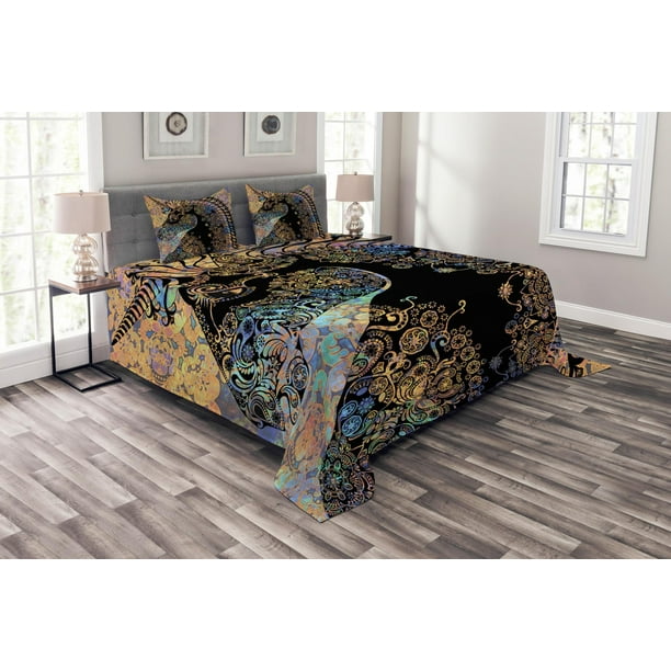 Ethnic Mandala Design Print Unicorn Quilted Bedspread /& Pillow Shams Set